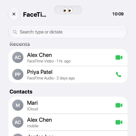 FaceTime app: recent calls and contacts