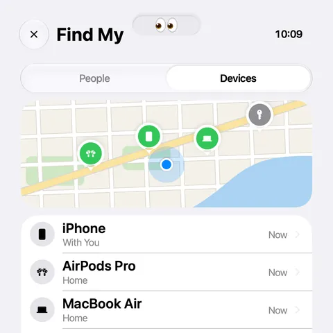 Find My app: a map and a list of devices