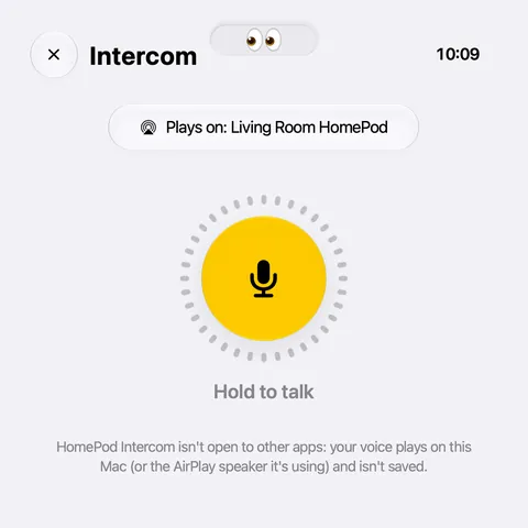 Intercom app: a yellow microphone button, hold to talk