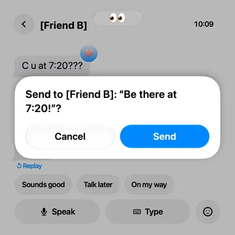 Messages app: send this to Friend B? With Cancel and Send buttons