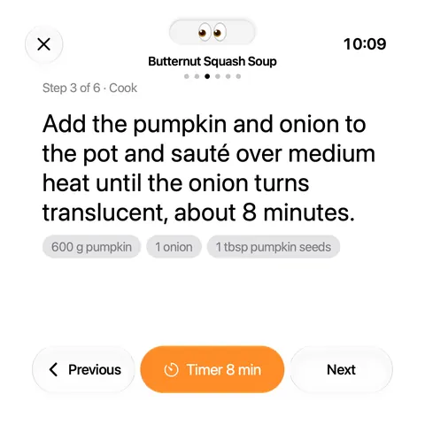 Recipe step three: squash and onion into the pot, with a button for an 8 minute timer