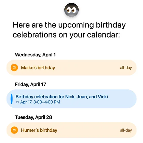 ClioTalk answering with the next birthdays on the calendar