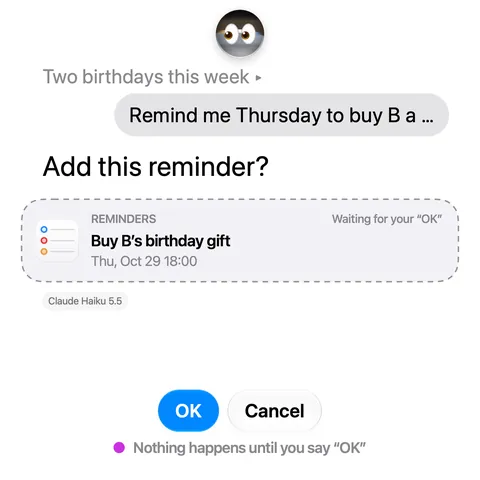 ClioTalk asking: add this reminder? With OK and Cancel buttons
