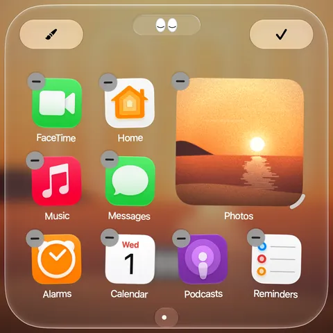 The Home Screen in edit mode, a minus badge on each icon