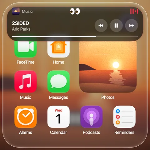 An expanded music Live Activity at the top of the Home Screen: 2SIDED with playback controls