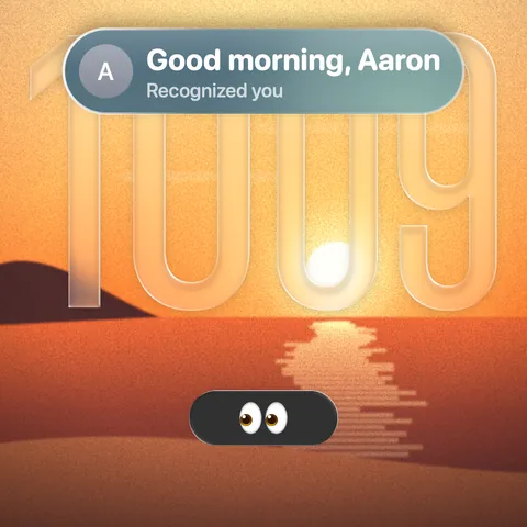 A greeting card over the face: good morning, recognised you