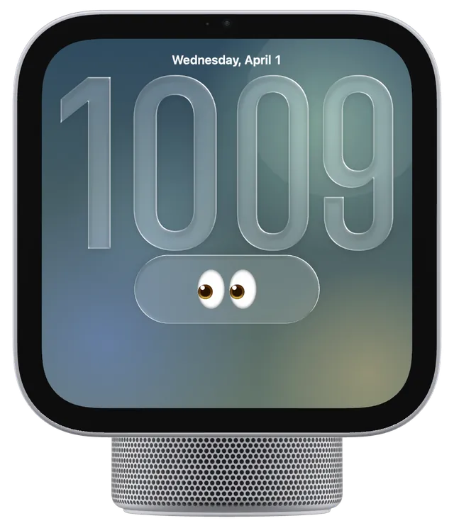 The HomePlay device showing the Island face: 10:09 and the capsule holding 👀