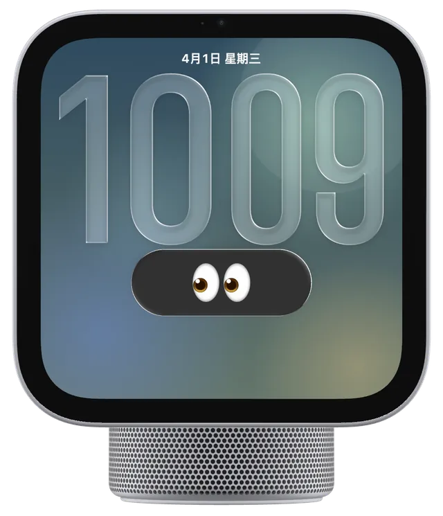 HomePlay 机身,屏幕是岛表盘:10:09 与装着 👀 的胶囊