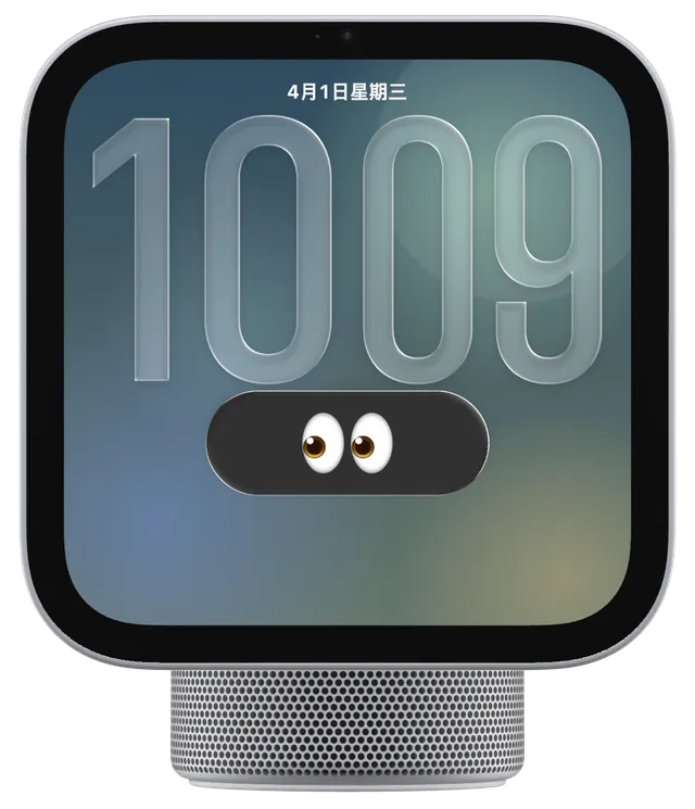 HomePlay 機身，螢幕是島錶面：10:09 與裝著 👀 的膠囊